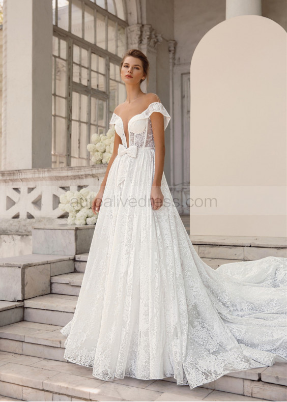 Ivory Glitter Buttons Back Top Fashion Wedding Dress